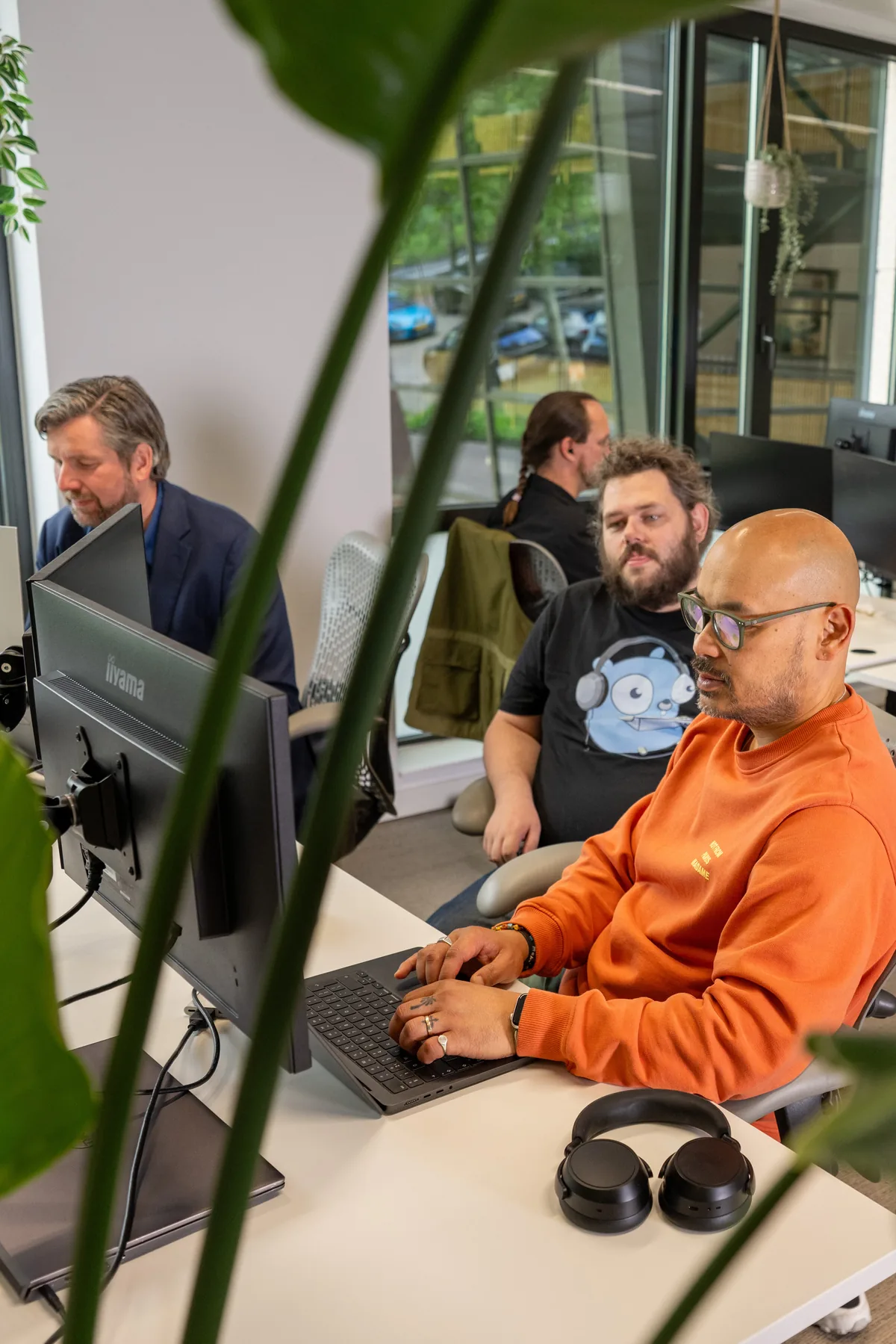 Werkplek met plant op de voorgrond, ontwikkelaars aan het werk
